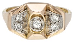 18 kt. Tricolor gouden retro tank ring bezet met ca. 0.12 ct. diamant.