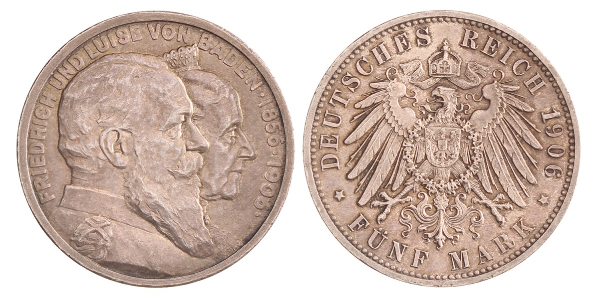 German states. Baden. Friedrich. 5 Mark - 50th wedding anniversary. 1906.