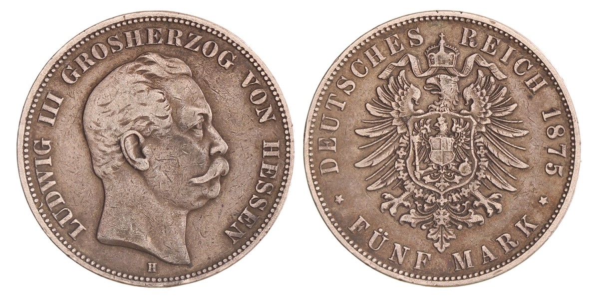 German states. Hessen-Darmstadt. Lüdwig III. 5 Mark. 1875 H.