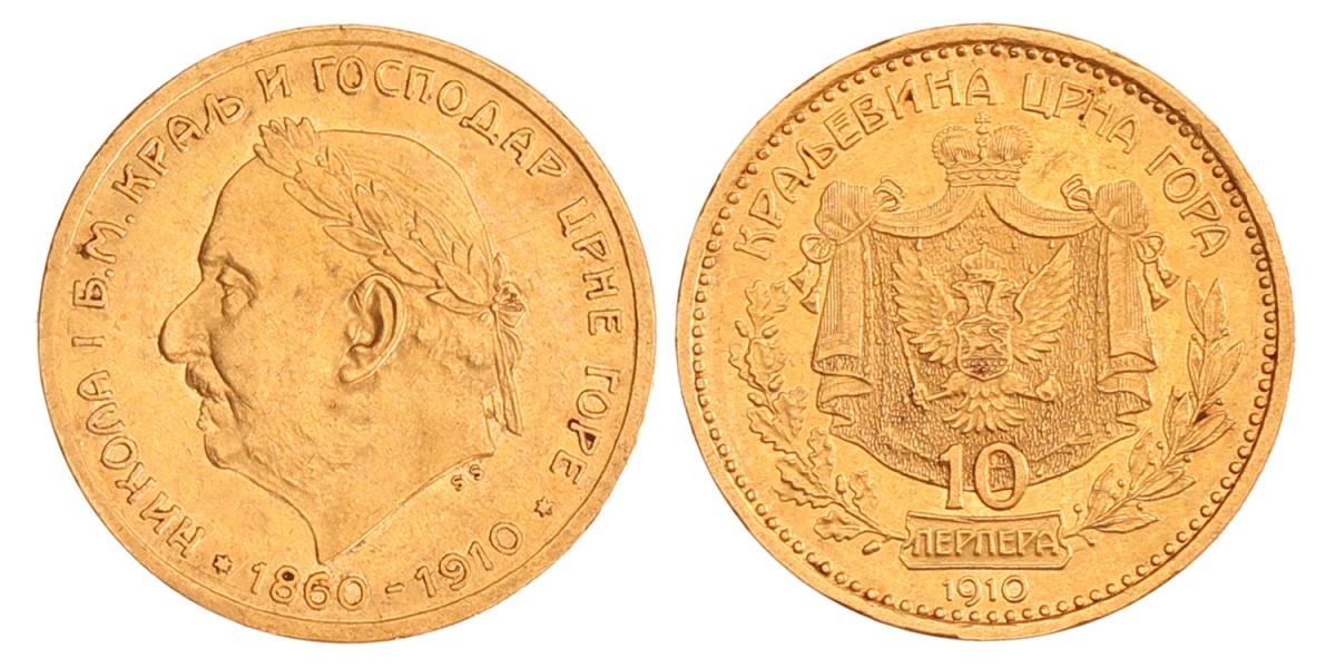 Montenegro. Nicholas I. 10 Perpera - Golden Jubilee. 1910 SS.