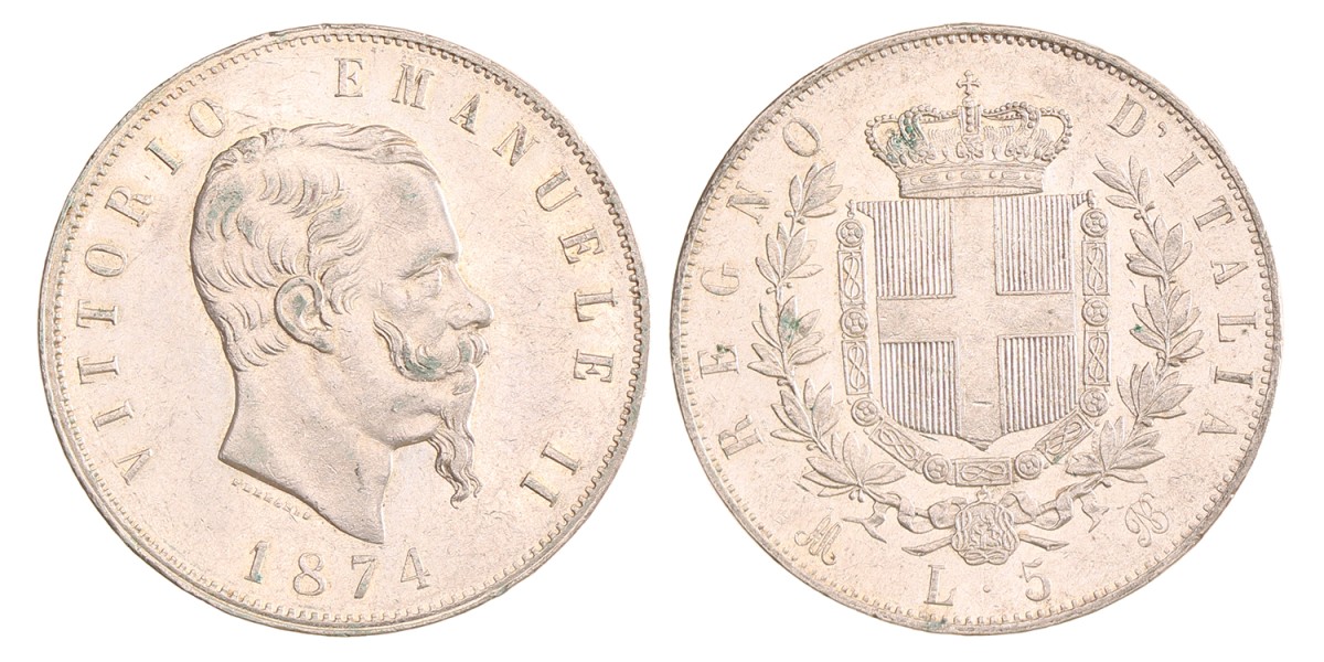 Italy. Kingdom. Vittorio Emanuele II. 5 Lire. 1874 M BN.