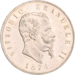 Italy. Kingdom. Vittorio Emanuele II. 5 Lire. 1874 M BN.