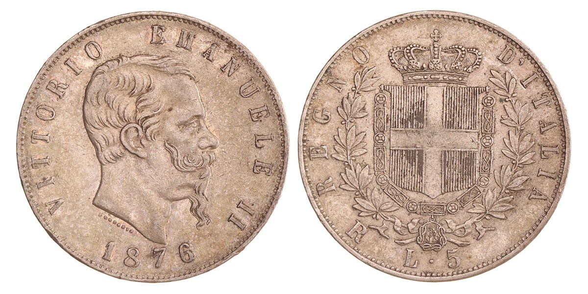 Italy. Kingdom. Vittorio Emanuele II. 5 Lire. 1876 R.