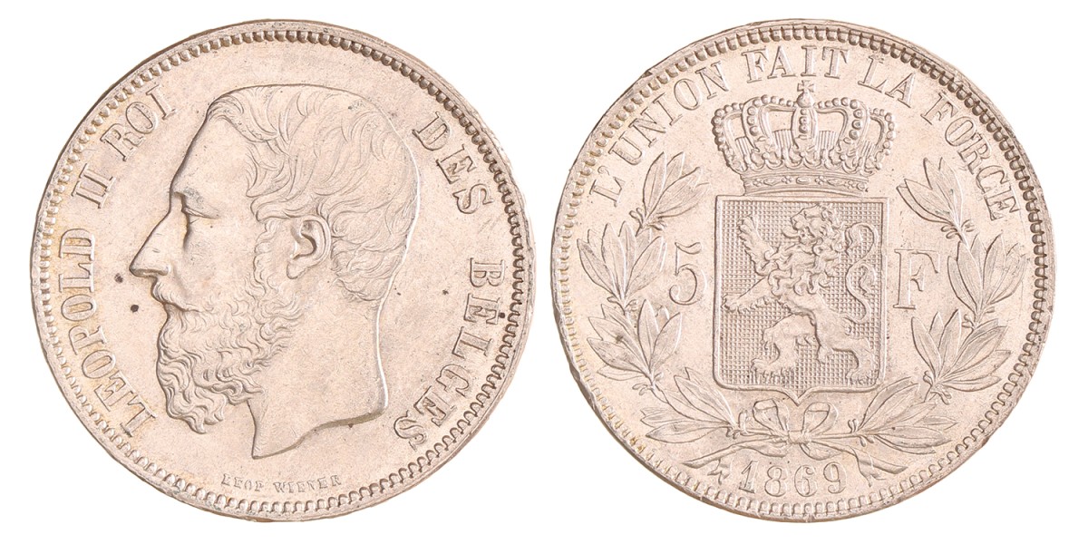 Belgium. Leopold II. 5 Francs. 1869.
