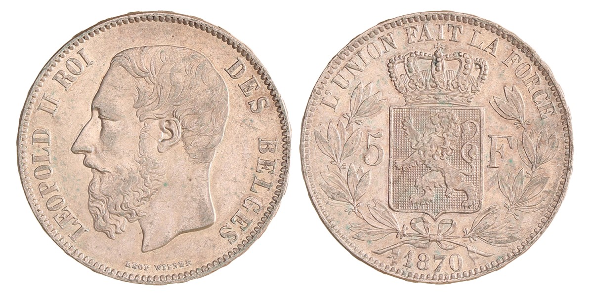 Belgium. Leopold II. 5 Francs. 1870.