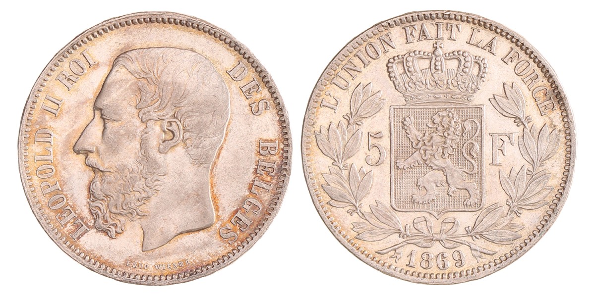 Belgium. Leopold II. 5 Francs. 1869.
