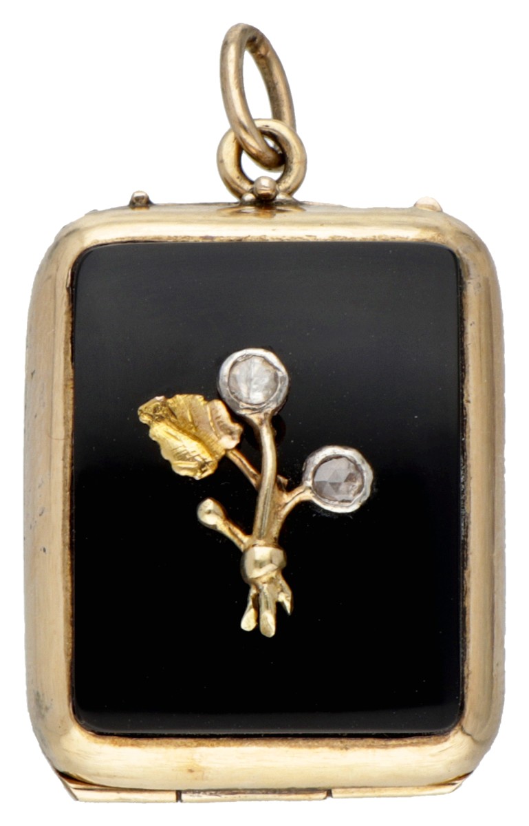 Antieke BWG 10 kt. roségouden rouw-medaillonhanger met roos geslepen diamanten gezet op onyx.