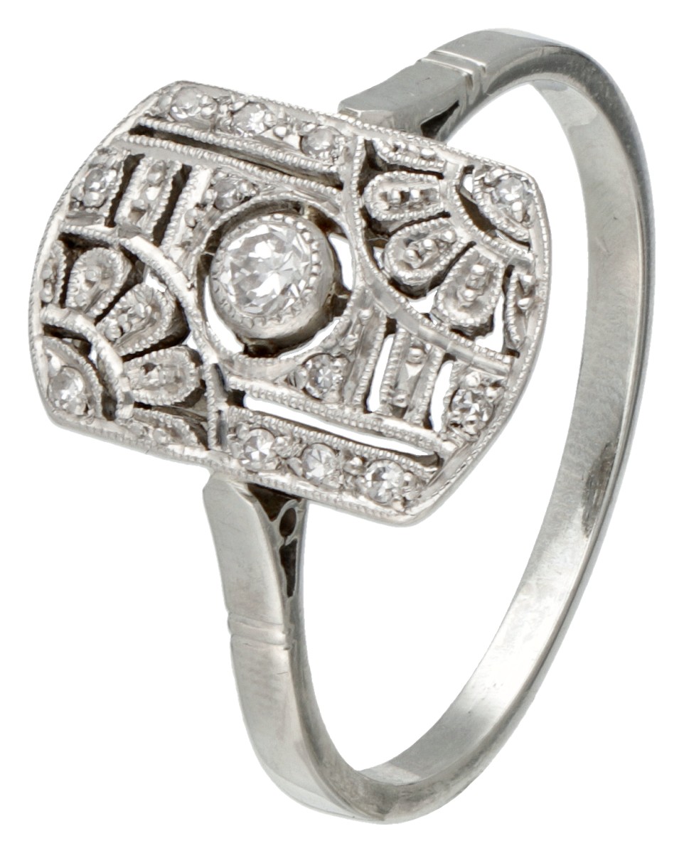 18 kt. Witgouden / Pt 850 platina art deco ring bezet met ca. 0.10 ct. diamant.