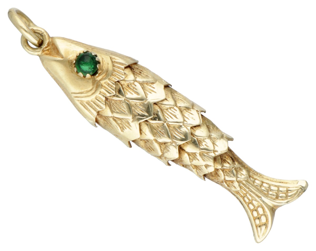 Vintage 14 kt. flexibele vishanger bezet met groene kleurstenen in de ogen.