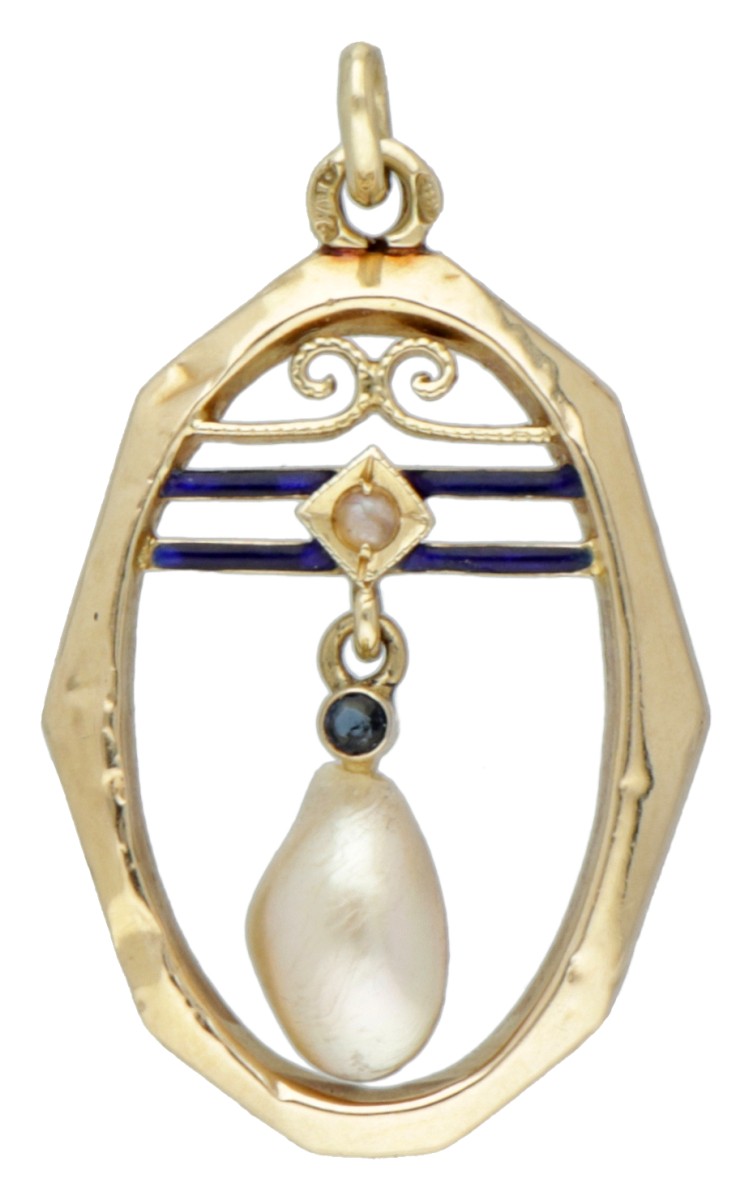 Vintage 14 kt. geelgouden hanger bezet met parel en blauwe emaille.