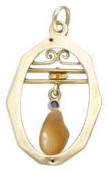 Vintage 14 kt. geelgouden hanger bezet met parel en blauwe emaille.