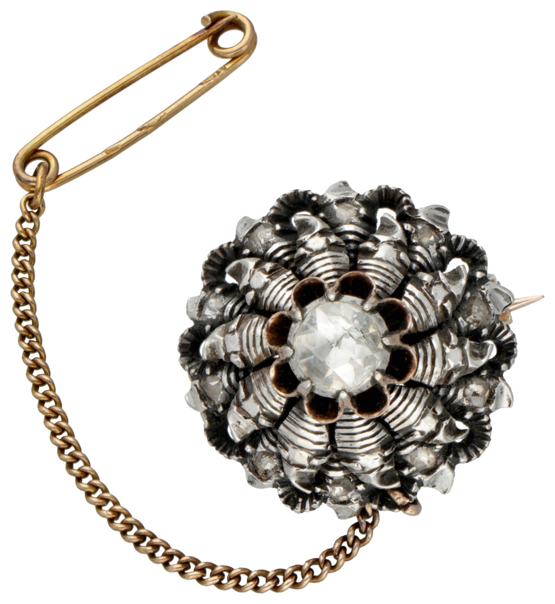 14 kt. Geelgouden / sterling zilveren broche bezet met roos geslepen diamanten.