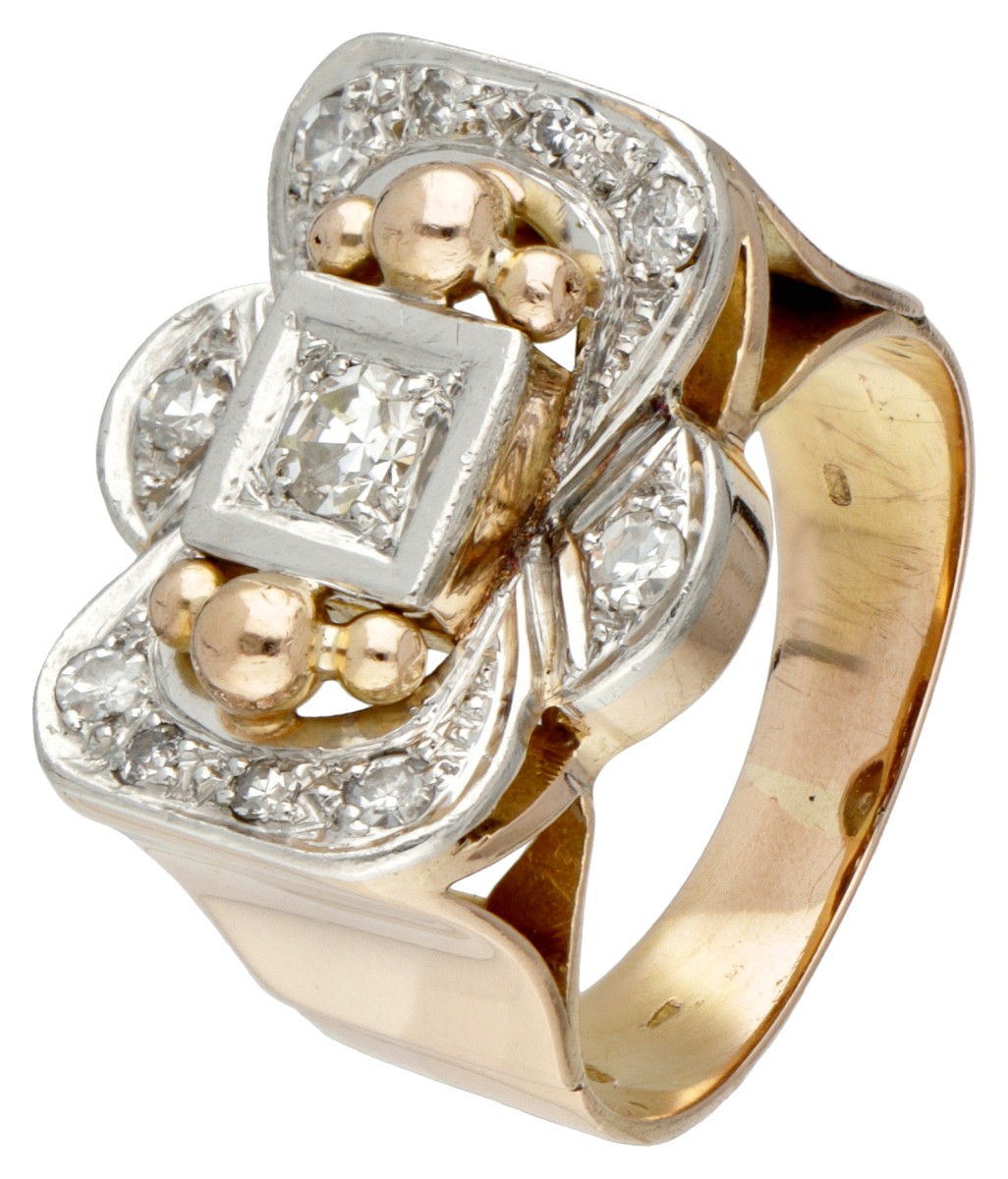 14 kt. Bicolor gouden tank ring bezet met ca. 0.42 ct. diamant.