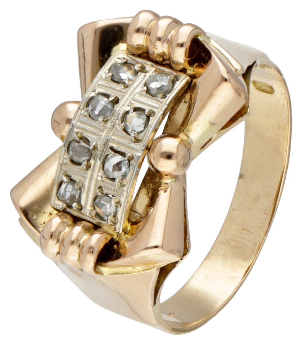 18 kt. Bicolor gouden retro tank ring bezet met roos geslepen diamanten.