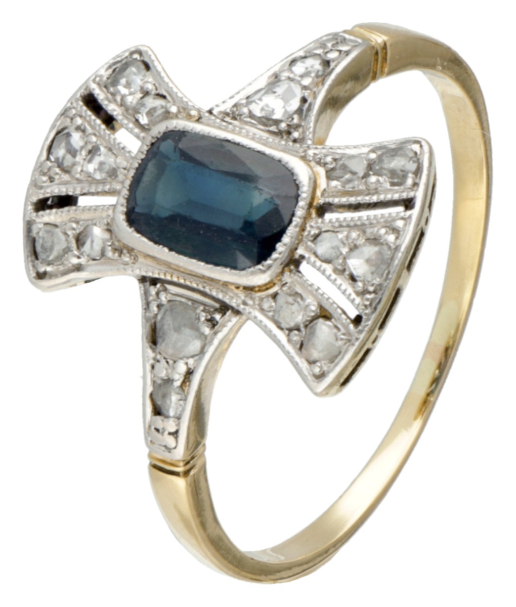 18 kt. Geelgouden art deco ring bezet met diamant en synthetische saffier.