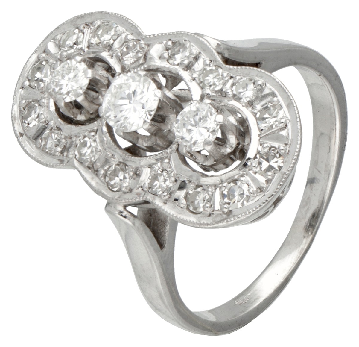 14 kt. Witgouden art deco prinsessenring bezet met ca. 0.63 ct. diamant.