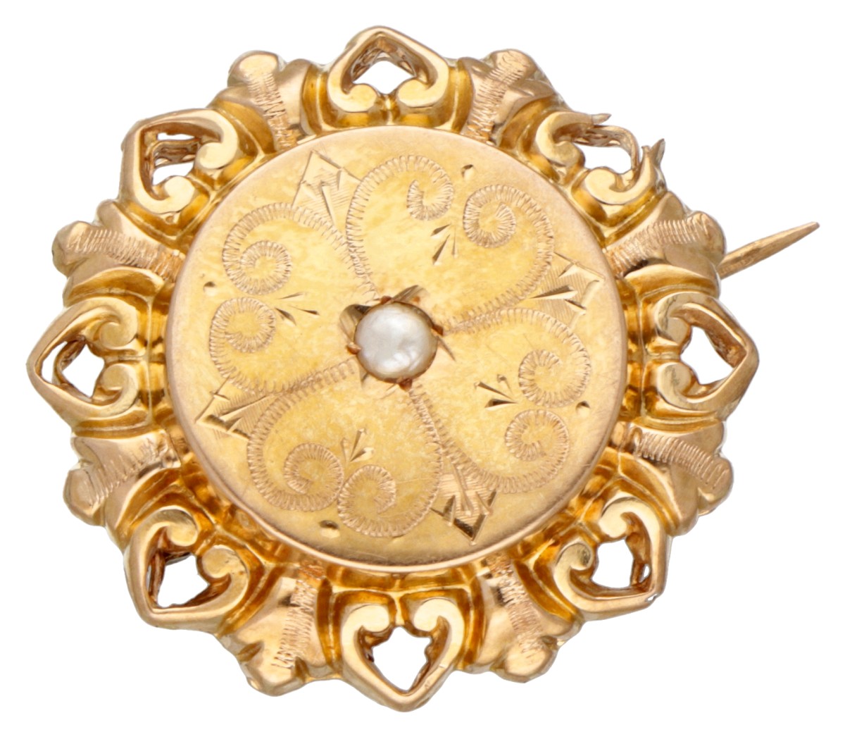 Antieke 18 kt. geelgouden Franse broche bezet met een zaadparel.