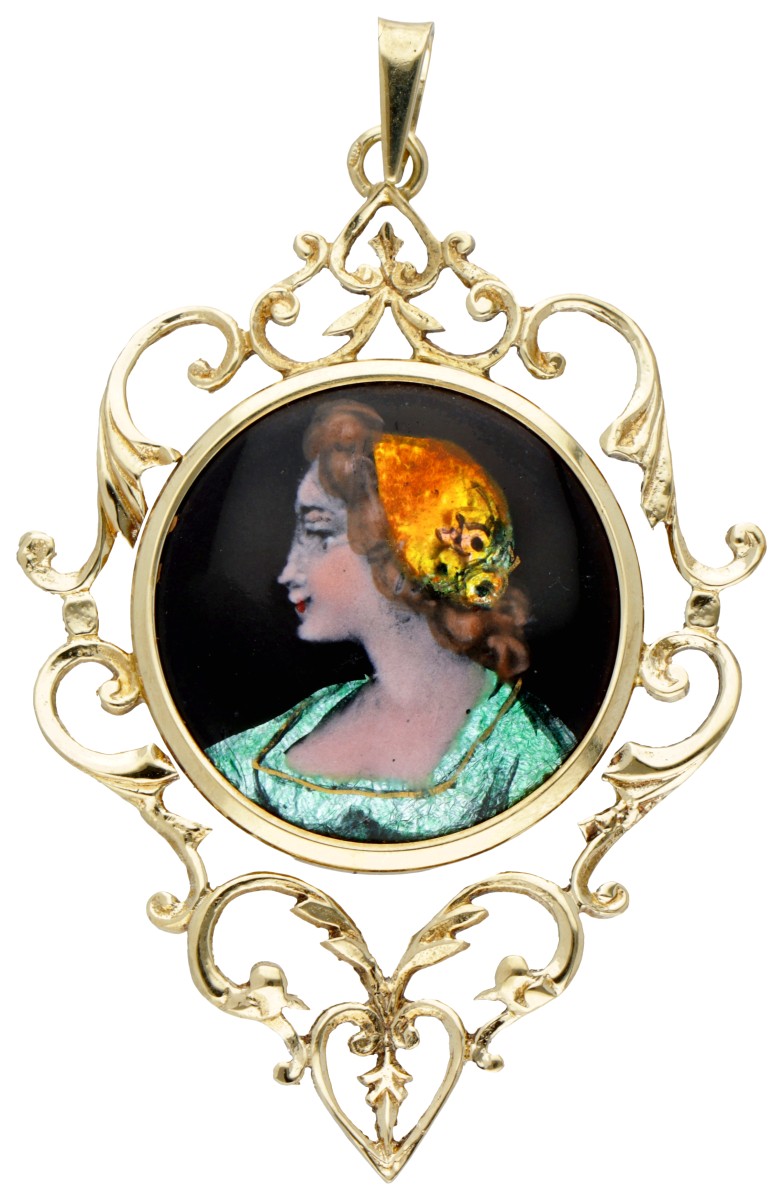 Vintage 14 kt. geelgouden Email d'Art Limoges hanger.