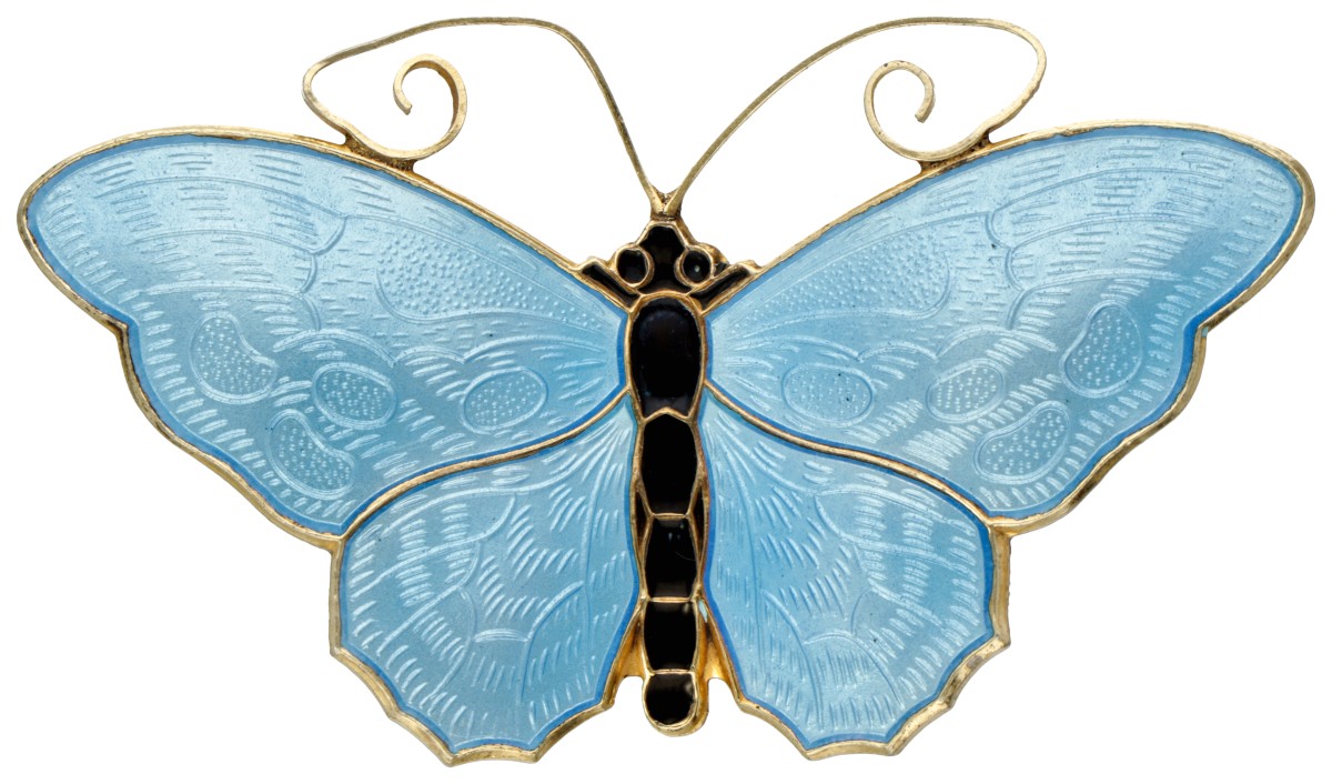Sterling verguld zilveren guilloche geëmailleerde vlinderbroche door Noorse designer David Andersen.