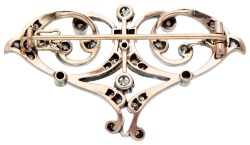 14 kt. Gouden / sterling zilveren art nouveau broche bezet met ca. 0.90 ct. diamant.