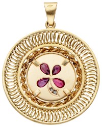14K Geelgouden klavertje-vier hanger bezet met natuurlijke robijn en diamant.