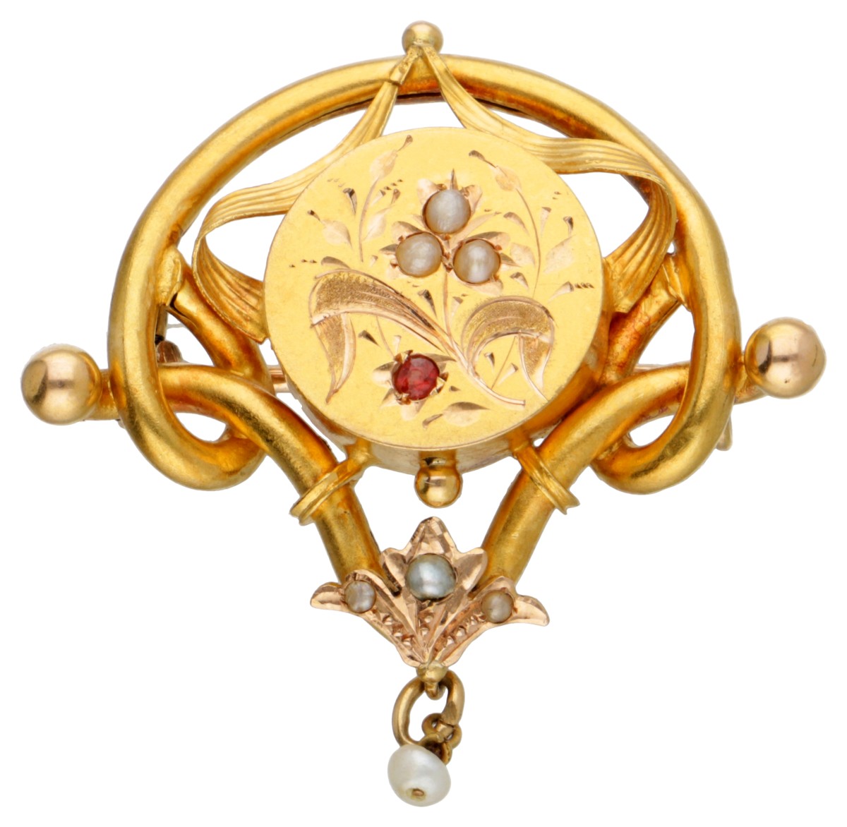 14 kt. Geelgouden art nouveau broche bezet met zaadparels en glasgranaat.