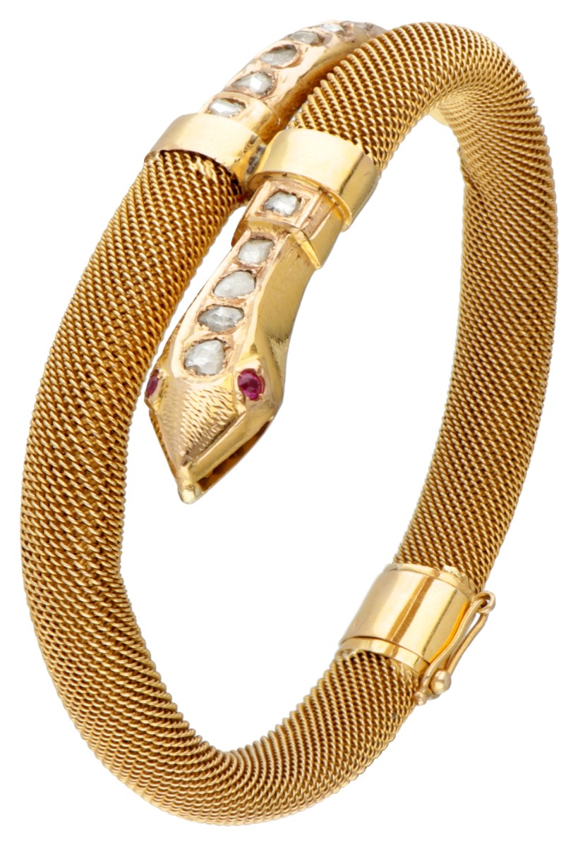 18 kt. Geelgouden Victoriaanse slangenarmband bezet met roos geslepen diamant en robijn.