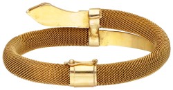 18 kt. Geelgouden Victoriaanse slangenarmband bezet met roos geslepen diamant en robijn.