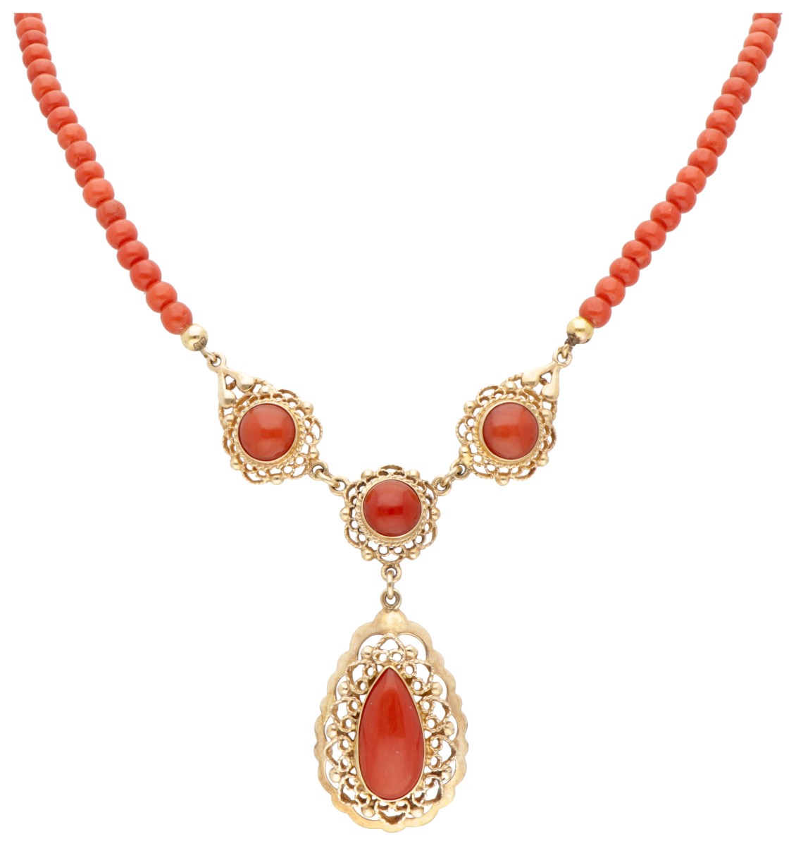 Vintage bloedkoralen collier met een 14 kt. geelgouden hanger en sluiting.