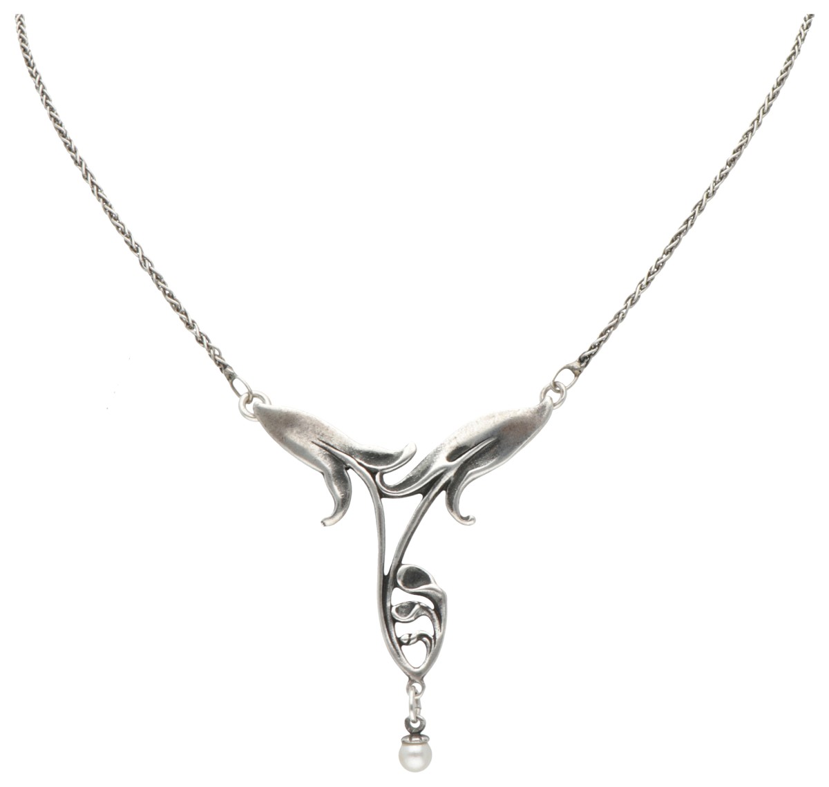 Sterling zilveren art nouveau collier en hanger bezet met een witte parel.