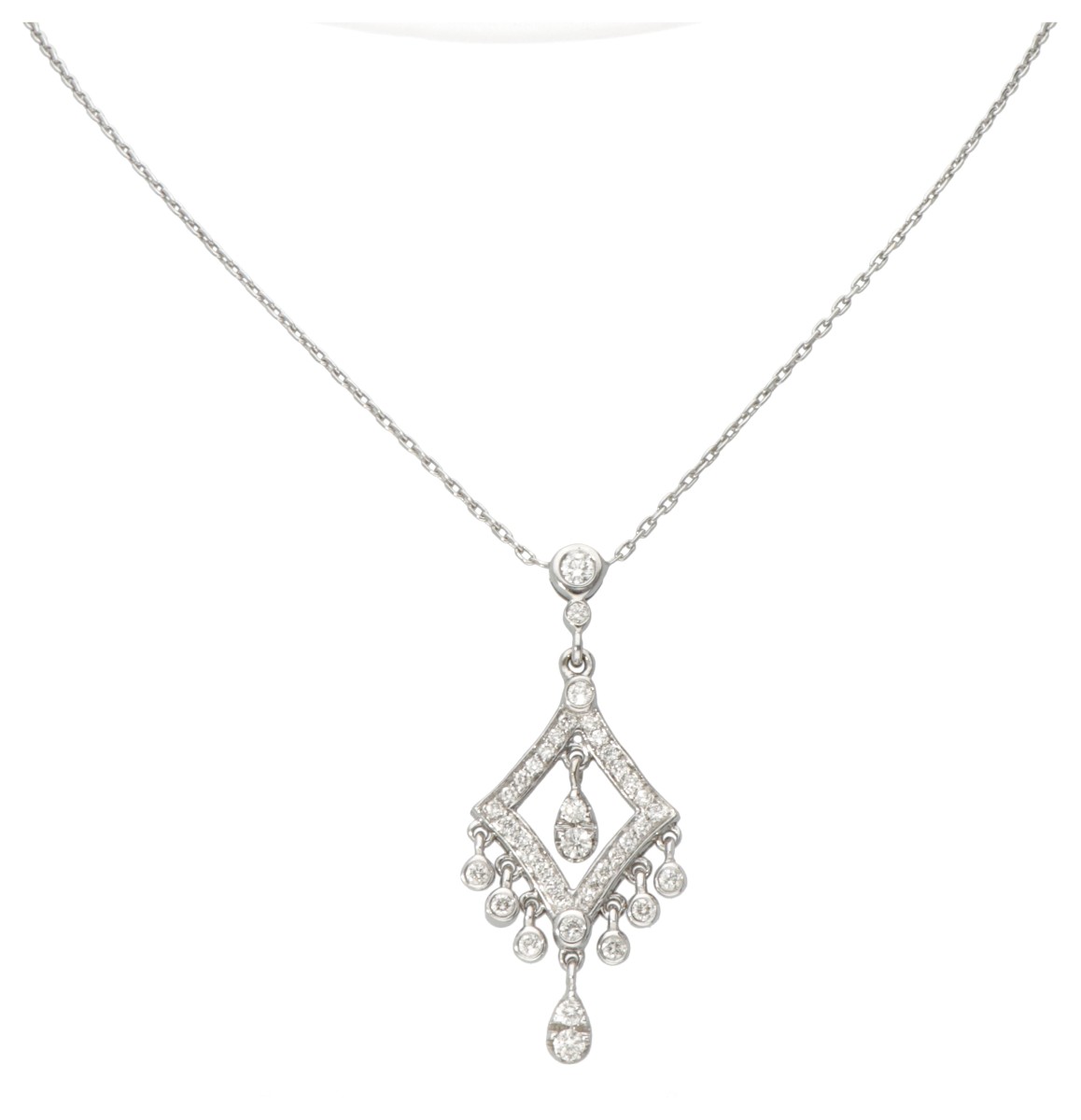 18 kt. Witgouden collier en hanger bezet met ca. 0.62 ct. diamant.