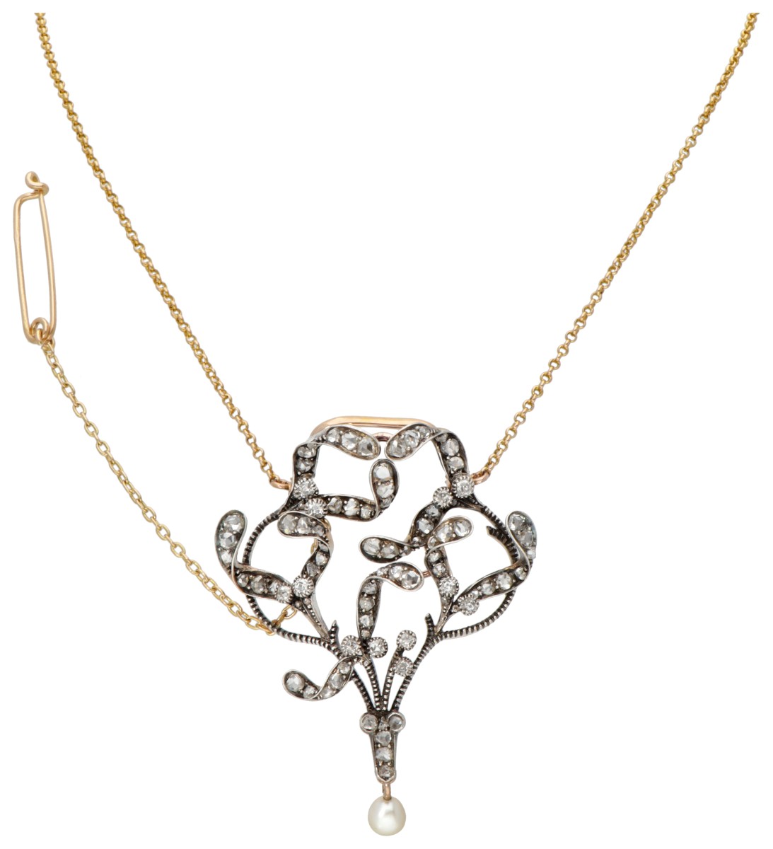 14 kt. Geelgouden collier en antieke hanger bezet met diamanten en een parel.