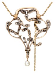 14 kt. Geelgouden collier en antieke hanger bezet met diamanten en een parel.