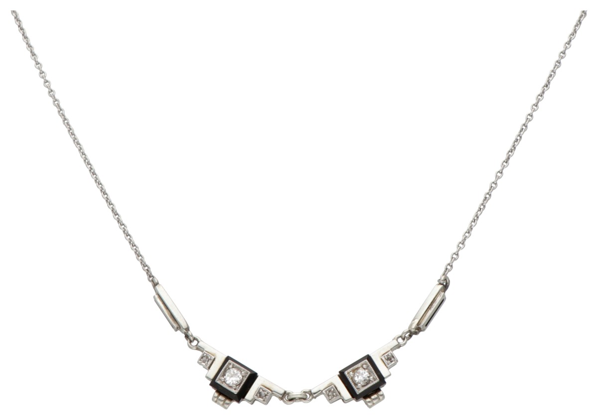 14 kt. Witgouden art deco collier bezet met ca. 0.10 ct. diamant gezet op onyx.