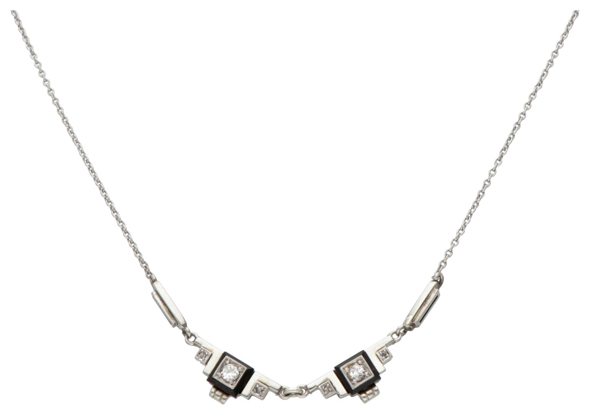 14 kt. Witgouden art deco collier bezet met ca. 0.10 ct. diamant gezet op onyx.