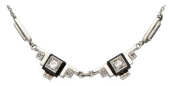 14 kt. Witgouden art deco collier bezet met ca. 0.10 ct. diamant gezet op onyx.