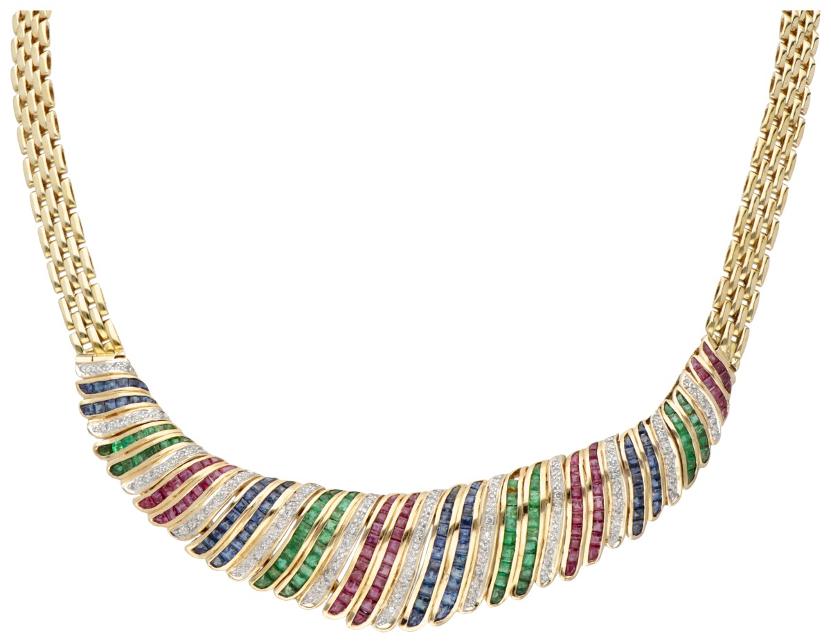 18 kt. Geelgouden Italiaans design collier bezet met diamant, saffier, robijn en smaragd.