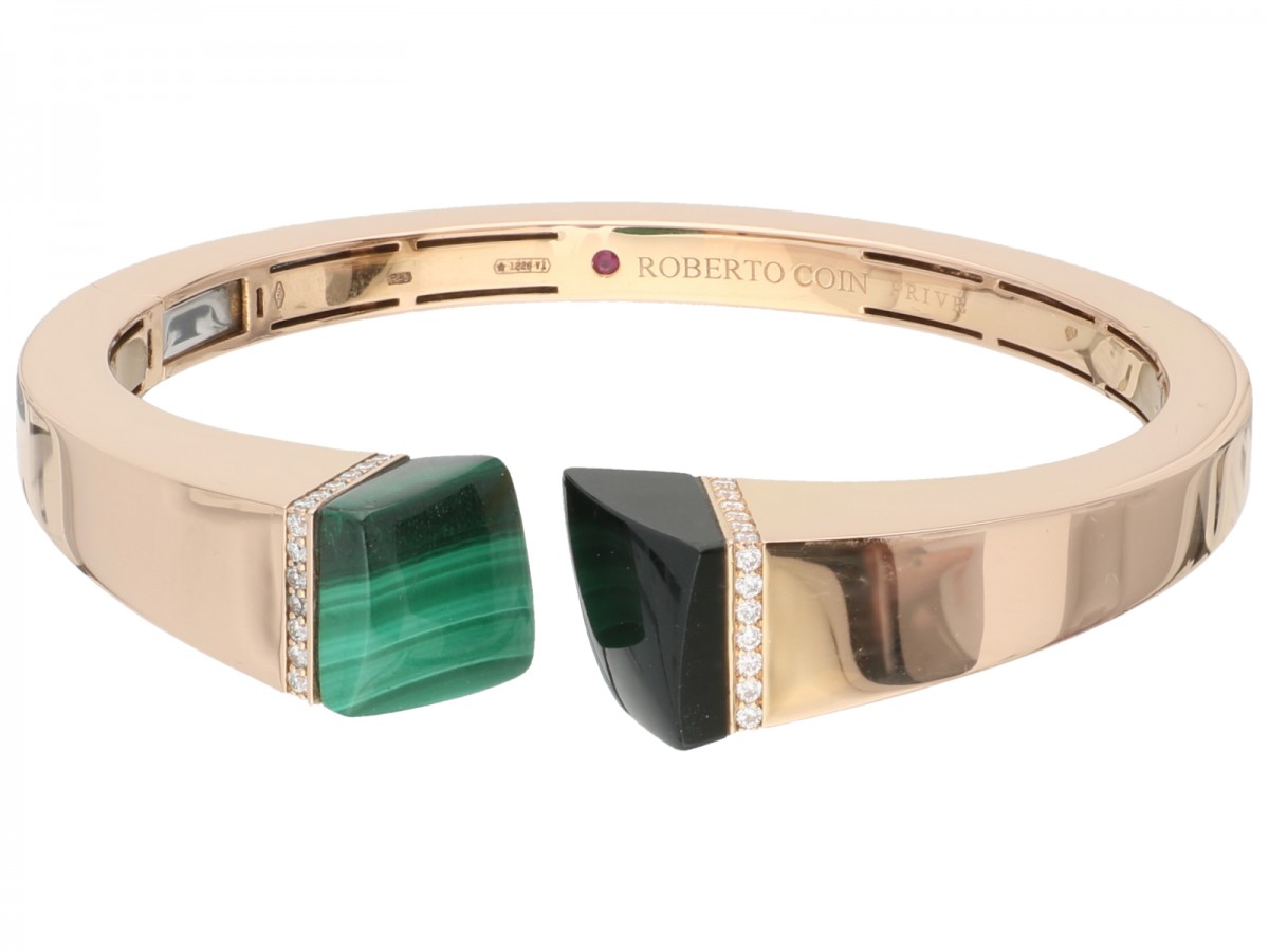 Rosegouden Roberto Coin Sauvage Privé bangle armband, met ca. 0.38 ct. diamant, zwarte jade en natuurlijke malachiet - 18 kt.