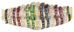 18 kt. Geelgouden Italiaans design bangle armband bezet met ca. 0.235 ct. diamant en natuurlijke robijn, saffier en smaragd.