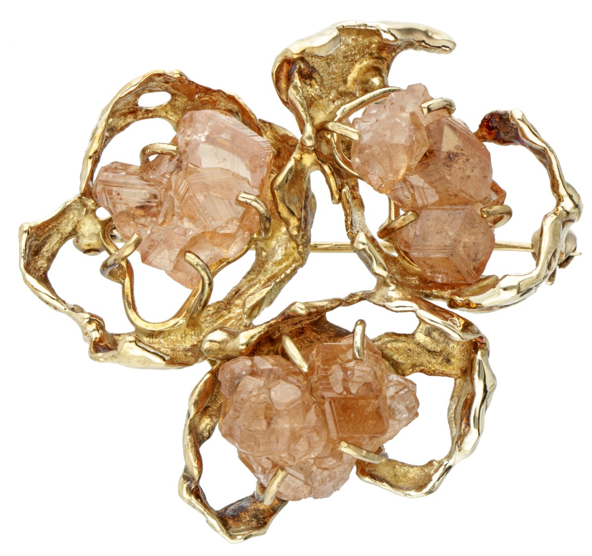 BWG 10 kt. geelgouden Anneke Schat design broche bezet met spessartien granaat kristallen.