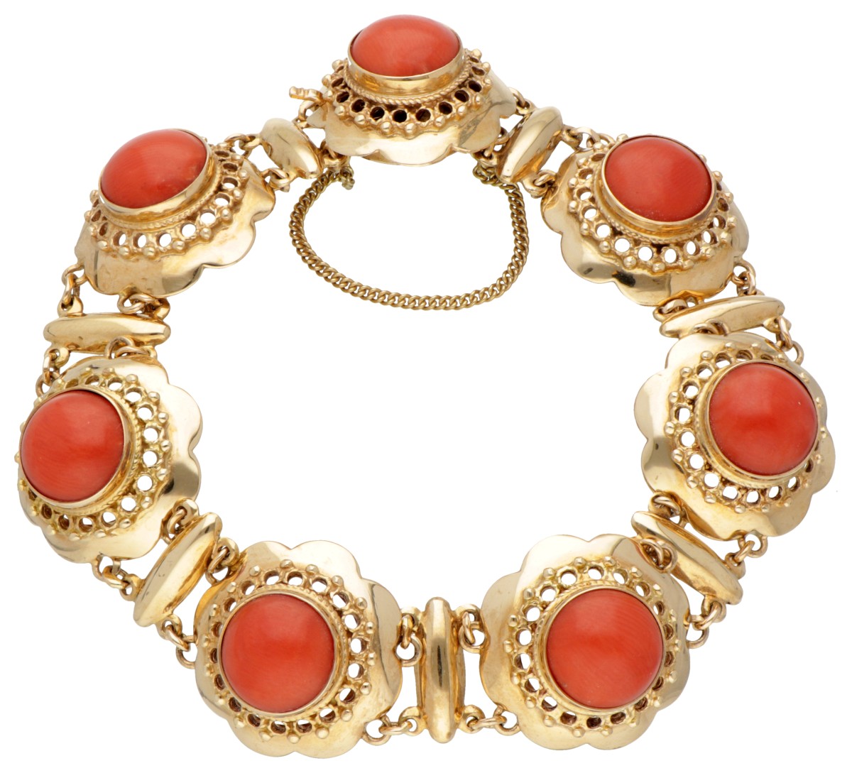 Vintage 14 kt. geelgouden bootjes armband bezet met bloedkoraal.