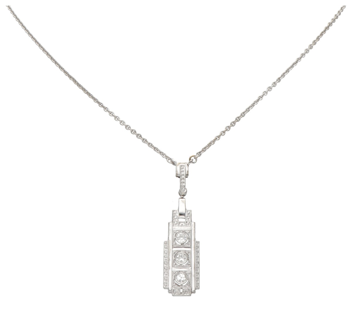 14 kt. Witgouden art deco collier en hanger bezet met ca. 0.15 ct. diamant.