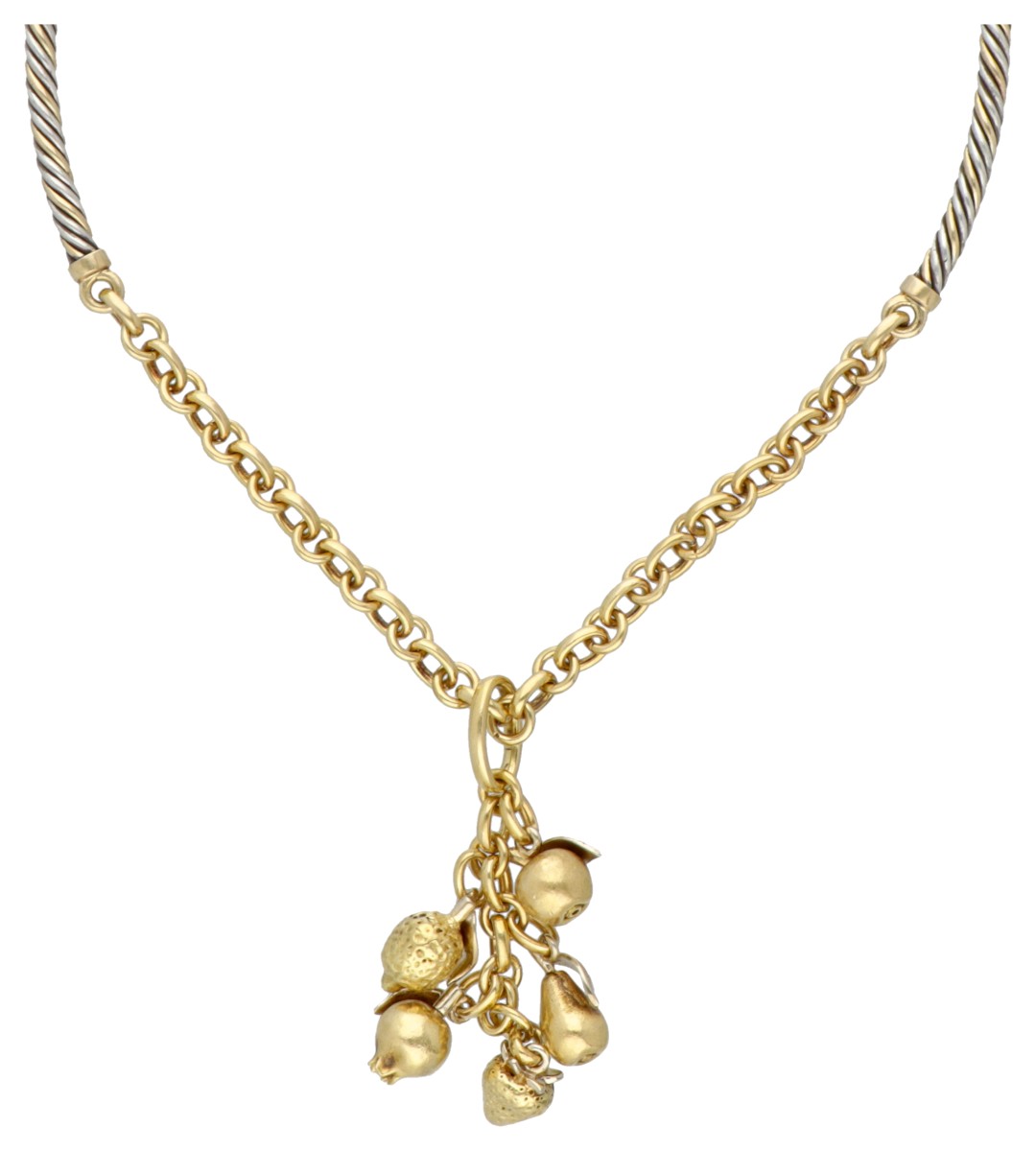 18 kt. Bicolor gouden Pomellato collier en hanger inclusief 5 bedels van diverse fruitsoorten.