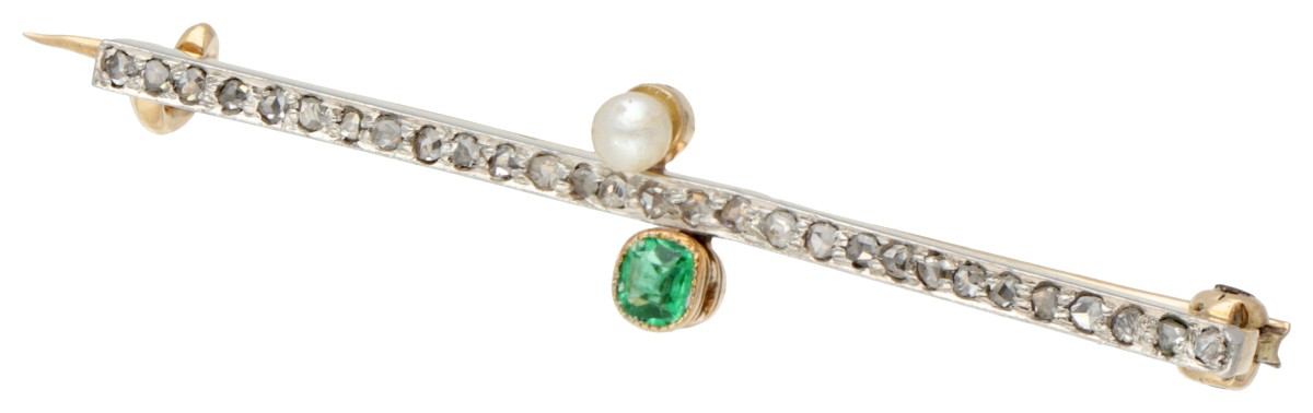 18 kt. Geelgouden staafbroche bezet met diamant, smaragd en parel.