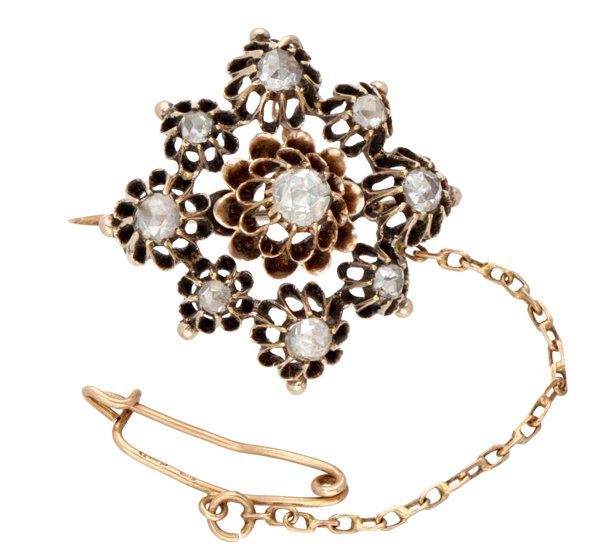 Antieke 14 kt. roségouden broche bezet met roos geslepen diamanten in 'buttercup' zettingen.