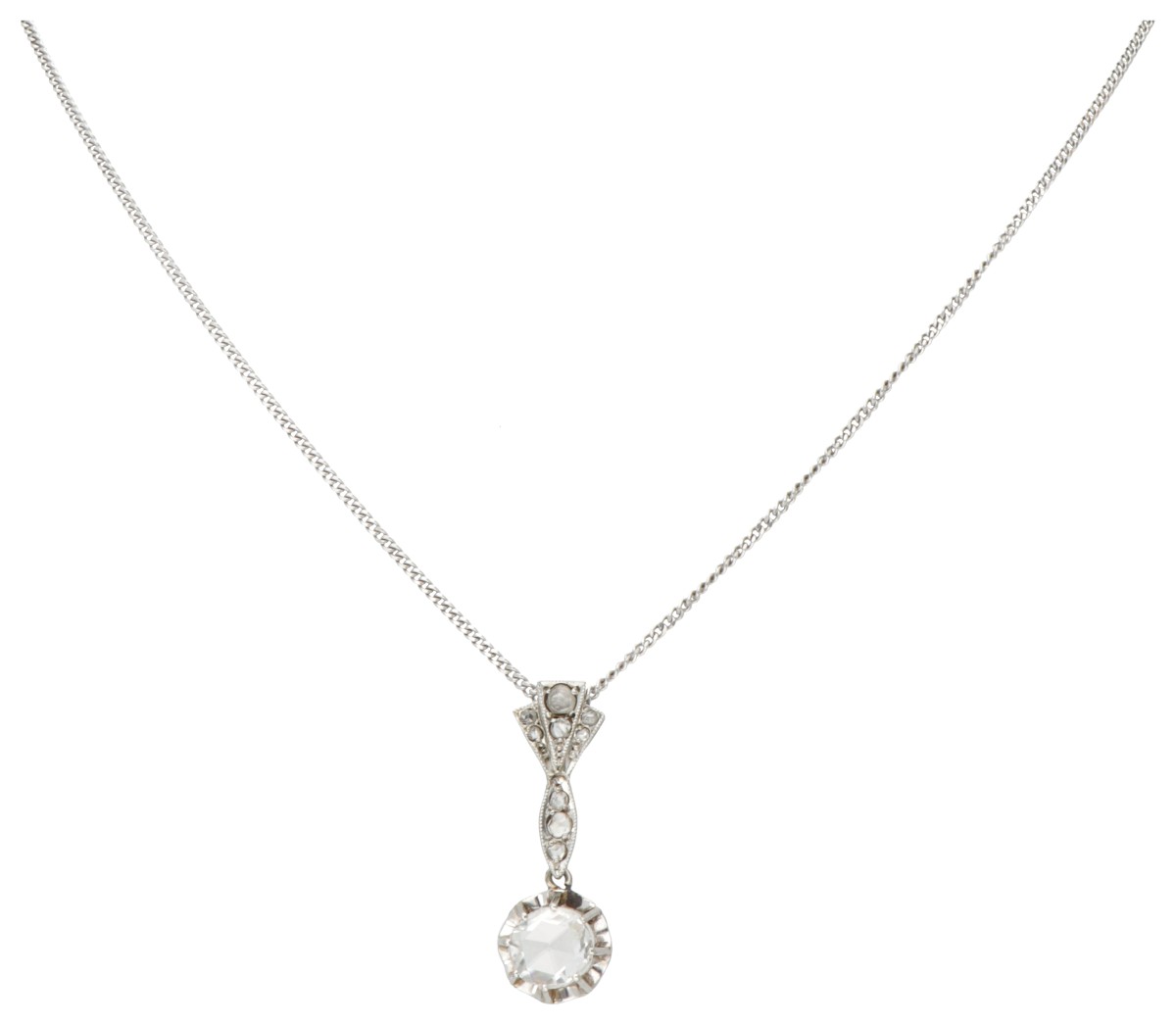 18 kt. Witgouden collier met antieke hanger bezet met roos geslepen diamanten.