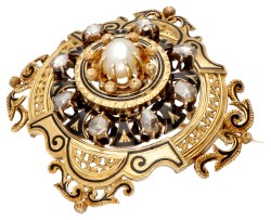 Antieke 14 kt. geelgouden broche bezet met diamanten, een barokparel en zwarte emaille.