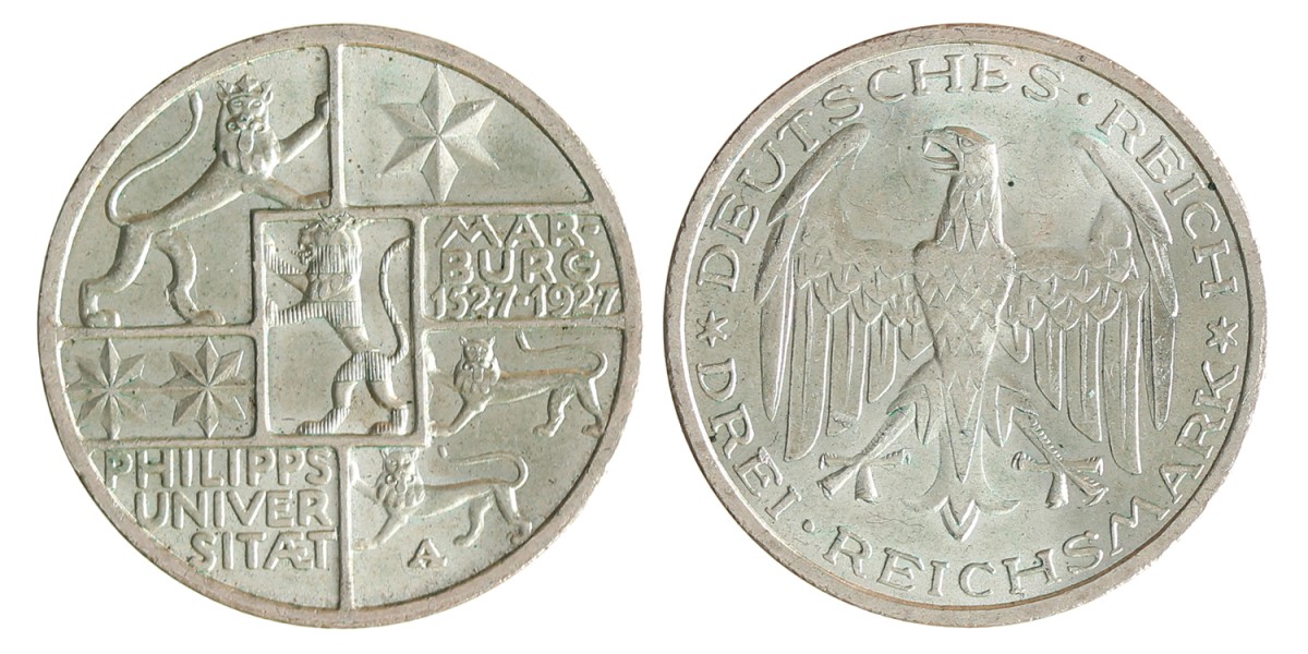 Germany. Weimar republic. 3 Mark - 400th anniversary of the Philipps university of Marburg. 1927 A.
