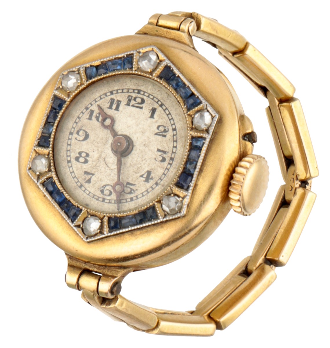 Antiek 18 kt. geelgouden vingerhorloge bezet met diamant en synthetische saffier.