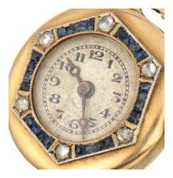 Antiek 18 kt. geelgouden vingerhorloge bezet met diamant en synthetische saffier.